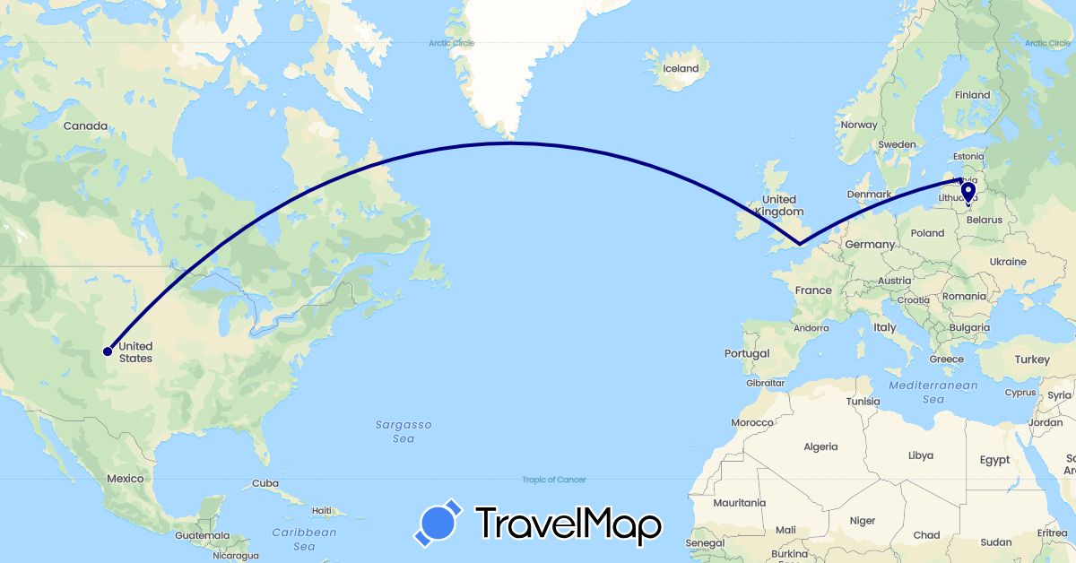 TravelMap itinerary: driving in United Kingdom, Lithuania, Latvia, United States (Europe, North America)